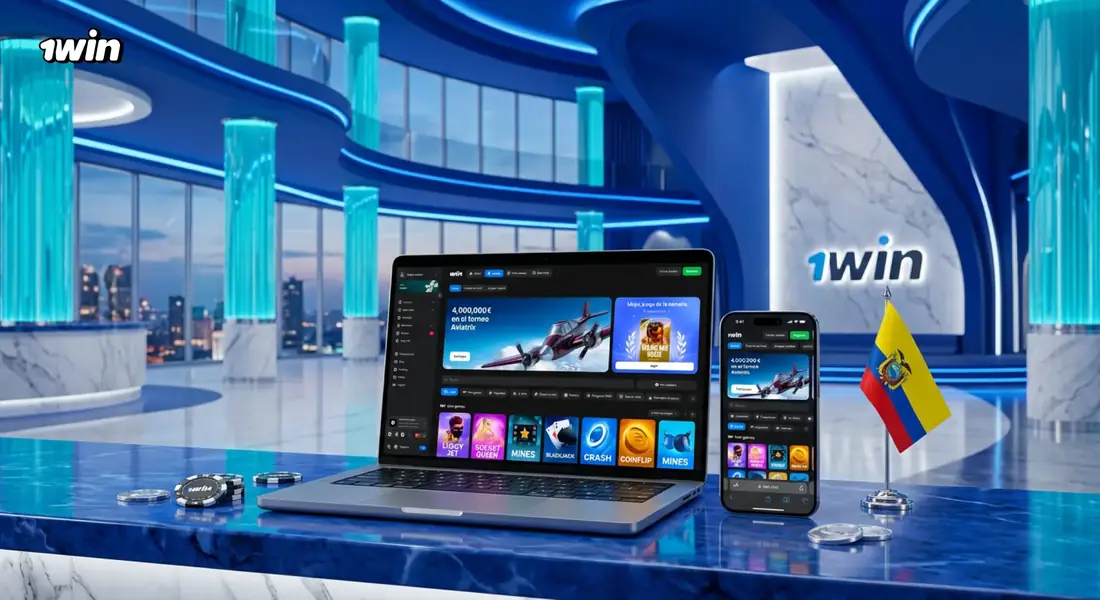 Laptop y celular con el casino de 1win abiertos en un salón azul junto a fichas de casino y la bandera de Ecuador